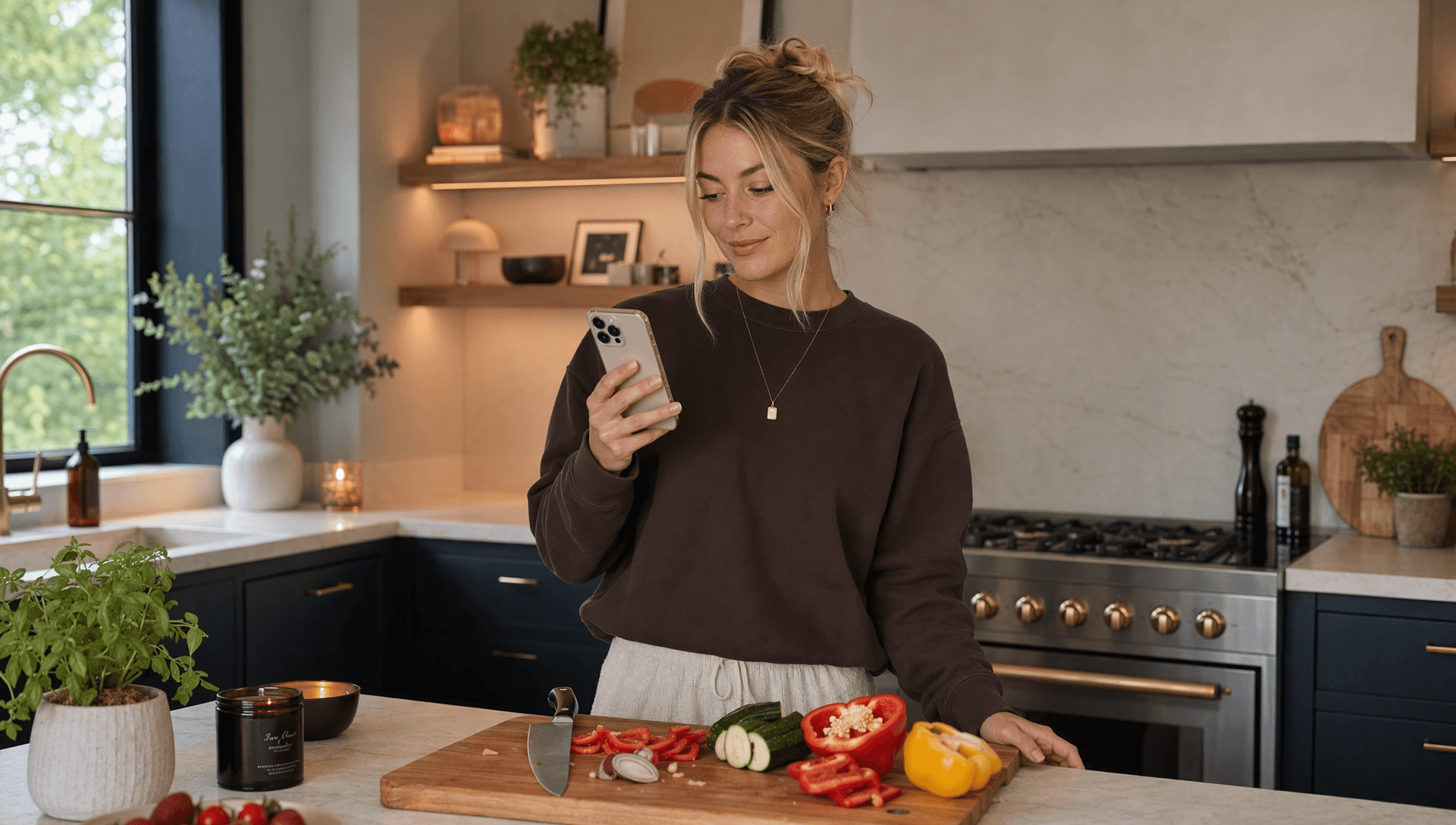 This woman picked up her phone to check the recipe while chopping vegetables but got lost in a doom scroll.