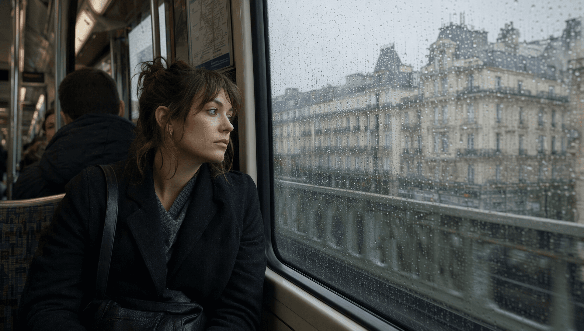 This person is bored and is staring out the window while the train is moving.